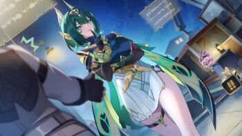 1other 2girls absurdres black_gloves black_sleeves bob_cut breasts dori_(genshin_impact) dress genshin_impact gloves green_eyes green_hair hair_ornament highres jewelry large_breasts medium_breasts medium_hair mole mole_under_eye multiple_girls nefer_(genshin_impact) official_art pi_tayuko skirt smile solo thigh_strap white_skirt