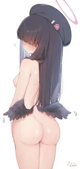 1girl ass beret black_hair black_hat black_wings blue_archive blush breasts closed_mouth cowboy_shot e-note feathered_wings female_focus from_behind hair_over_eyes halo hat highres justice_task_force_member_(blue_archive) loli long_hair low_wings red_eyes red_halo signature simple_background small_breasts solo white_background wings