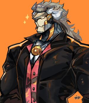 1boy absurdres alternate_costume artificial_eye banyue_(zenless_zone_zero) black_jacket closed_mouth clothed_robot graysheartart grey_hair hashtag-only_commentary hawaiian_shirt highres humanoid_robot jacket long_hair male_focus mechanical_eye metal_skin multicolored_hair open_clothes orange_background orb robot robot_boy shirt solo sparkle upper_body white_hair zenless_zone_zero