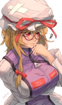 1girl :s absurdres adapted_costume ametonalu arm_under_breasts bandage_on_hat bandaid bandaid_on_face bandaid_on_nose bespectacled black_trim blonde_hair blush bow breasts closed_mouth clothes_writing clothing_tag commentary_request crossed_bandaids embarrassed fang glasses hair_between_eyes hair_bow hair_ornament hairclip half-closed_eyes hand_on_own_chin hat hat_ribbon highres jacket large_breasts long_hair long_sleeves low-tied_sidelocks mixed-language_text mob_cap multicolored_jacket purple_jacket raised_inner_eyebrows red_bow red_eyes red_ribbon ribbon round_eyewear sidelocks signature simple_background skin_fang solo squiggle sweatdrop swept_bangs touhou track_jacket translation_request two-tone_jacket upper_body white_background white_hat white_jacket yakumo_yukari zipper zipper_pull_tab