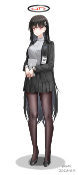 1girl abotx absurdres black_hair black_jacket black_pantyhose black_shoes black_skirt blazer blue_archive blush breasts chinese_commentary commentary_request full_body hair_ornament hairclip halo highres holding holding_tablet_pc jacket large_breasts long_hair looking_at_viewer pantyhose pleated_skirt red_eyes ringed_eyes rio_(blue_archive) shoes skirt solo sweater tablet_pc turtleneck turtleneck_sweater very_long_hair watch white_sweater wristwatch