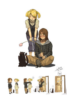 ! 10s 1boy 1girl 2012 ? ?? artist_self-insert barefoot black_cat blonde_hair blush breasts brown_hair capri_pants carrying cat cat_teaser comic dated faustsketcher glasses hair_bobbles hair_ornament heart hetero highres long_hair motion_lines original panties unworn_panties pants semi-rimless_eyewear short_twintails shoulder_carry signature silent_comic simple_background spoken_heart surprised twintails under-rim_eyewear underwear white_background