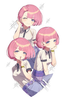 1girl ;d absurdres arched_bangs arimura_mao belt blunt_bangs blush collared_shirt commentary_request cropped_legs finger_to_mouth gakuen_idolmaster hand_on_own_cheek hand_on_own_face head_rest highres idolmaster inoshishi969 looking_at_viewer multiple_views official_alternate_costume one_eye_closed one_side_up open_mouth pink_hair shirt shirt_tucked_in short_hair short_sleeves shushing simple_background smile tucking_hair white_background white_shirt