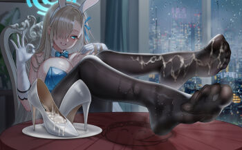 1girl absurdres animal_ears aqua_leotard asuna_(blue_archive) asuna_(bunny)_(blue_archive) black_pantyhose blue_archive blue_bow blue_bowtie blue_eyes blue_halo blue_leotard blue_ribbon bow bowtie breasts cang_se_ye_hua cum cum_in_footwear cum_on_body cum_on_feet cum_on_legwear dorsiflexion fake_animal_ears feet feet_on_table foot_focus gloves hair_over_one_eye halo high_heels highres large_variant_set legs leotard long_hair looking_at_viewer no_shoes pantyhose playboy_bunny rabbit_ears ribbon shoes smile soles stiletto_heels strapless strapless_leotard table thighband_pantyhose toe_seam toes unworn_shoes variant_set wet wet_clothes wet_pantyhose white_gloves