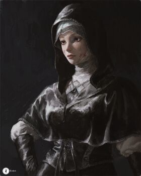 Rule 34 | 1girl, absurdres, black background, black bodice, black capelet, black gloves, black hood, blood, blood on face, capelet, commentary, dress, elden ring, elden ring nightreign, english commentary, gloves, hand on own hip, highres, jewelry, looking to the side, mace, necklace, nun, painterly, signature, solo, undertaker (elden ring), upper body, weapon, white coif, white dress, xianggang jizhe