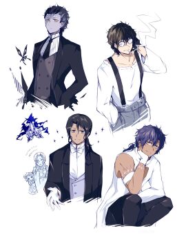 1girl 5boys armband bare_pectorals black_butterfly black_gloves black_hair black_necktie black_pants black_suit black_suspenders bow bowtie brown_eyes bug butterfly collarbone collared_shirt colored_skin d.gray-man dark-skinned_male dark_skin ear_piercing earrings facial_hair facial_mark facing_viewer fingerless_gloves forehead_mark formal_clothes glasses gloves grey_pants grey_skin grey_vest hair_between_eyes hair_ribbon hair_slicked_back hand_in_pocket hand_on_own_chin hand_on_own_head helmet highres insect invisible_chair jewelry long_hair long_shirt long_sleeves looking_at_viewer low_ponytail mature_male messy_hair mole mole_under_eye multiple_boys multiple_persona necktie noah_(d.gray-man) pants parted_lips pectoral_cleavage pectorals piercing ponytail purple_hair ribbon road_kamelot scar scar_on_arm sheril_kamelot shirt short_hair sidelocks simple_background single_bare_shoulder single_sleeve sitting smile smoke smoking sodamachi sparkle star_(symbol) striped_clothes striped_shirt stud_earrings suit suspenders teez_(d.gray-man) tyki_mikk tyki_mikk_(joyd) vertical-striped_clothes vertical-striped_shirt vest wavy_hair white_armband white_background white_bow white_bowtie white_gloves white_ribbon white_shirt yellow_eyes