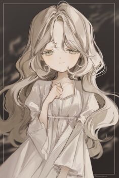 1girl absurdres commentary dress flat_chest grey_eyes grey_hair highres kyuumura light_smile long_hair looking_at_viewer original solo symbol-only_commentary upper_body wavy_hair white_dress
