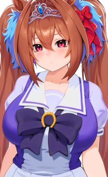 1girl absurdres animal_ears blush bow breasts brown_hair closed_mouth collarbone daiwa_scarlet_(umamusume) hair_between_eyes hair_intakes highres horse_ears horse_girl large_breasts long_hair looking_at_viewer puffy_short_sleeves puffy_sleeves purple_bow purple_shirt red_eyes sailor_collar sailor_shirt school_uniform shirt short_sleeves simple_background skirt solo syahrul4567 tiara tracen_school_uniform twintails umamusume upper_body very_long_hair white_background white_sailor_collar white_skirt
