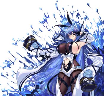 1girl :q absurdres alternate_costume animal_ears azur_lane black_gloves blue-tinted_eyewear blue_eyes blue_hair bodystocking breasts clothing_cutout coat coat_on_shoulders cowboy_shot eyewear_on_head fake_animal_ears gloves half_gloves highres huge_breasts large_breasts long_hair long_sleeves looking_at_viewer navel navel_cutout new_jersey_(azur_lane) open_clothes open_coat rabbit_ears rolingblade sideboob simple_background solo splashing standing tinted_eyewear tongue tongue_out triangular_eyewear very_long_hair white_background white_coat