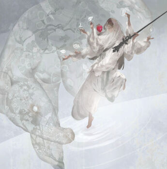 Rule 34 | 1girl, absurdres, buddha, cheng hui, chinese hairpin, dress, guanyin, highres, monster, original, skeleton, sword, veil, water, weapon, white background, white dress