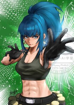1girl abs ammunition_belt bare_shoulders belt black_gloves black_hair black_tank_top blue_eyes breasts commentary_request earrings gloves jewelry leona_heidern midriff navel ponytail sleeveless solo tank_top the_king_of_fighters tommy18oekaki triangle_earrings watermark
