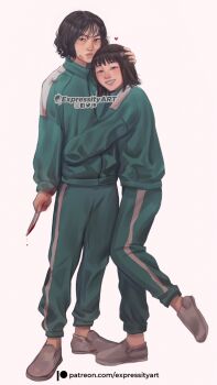 2girls asian black_hair blood blood_stain brown_hair expressity heart highres hug ji-yeong kang_sae-byeok knife multiple_girls netflix shoes simple_background smile squid_game track_suit white_background yuri