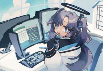 1girl black_gloves black_halo black_suit blue_archive blue_eyes blue_hair bright_pupils churosu commentary_request computer_keyboard dated_commentary desk embarrassed finger_to_mouth formal_clothes from_behind from_side gloves hair_ornament halo headgear highres index_finger_raised indoors jacket long_hair looking_at_viewer looking_to_the_side mechanical_halo monitor multiple_monitors off_shoulder open_mouth shushing solo suit translation_request triangle_hair_ornament two_side_up white_jacket white_pupils yuuka_(blue_archive)