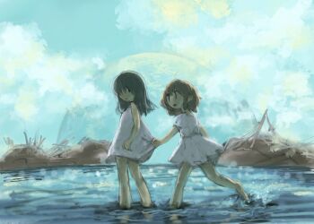 2girls ball barefoot black_choker black_eyes brown_hair choker clothes_grab cloud commentary_request completion_time day dress from_side grey_hair highres kezuru looking_at_another looking_back medium_hair multiple_girls open_mouth original outdoors parted_lips puffy_short_sleeves puffy_sleeves rebar ruins running short_sleeves sky sleeveless sleeveless_dress wading water white_dress |_|