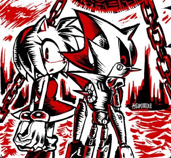 1boy 1girl 9474s0ul amy_rose artist_name commentary english_commentary furry furry_female gloves highres looking_at_viewer looking_back metal_sonic own_hands_together red_theme robot sonic_(series)