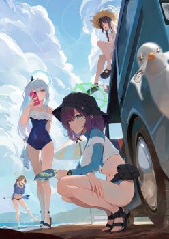 4girls beach belt bikini bird black_bikini blue_archive blue_hoodie blue_one-piece_swimsuit blue_sky braid bucket_hat car casual_one-piece_swimsuit cellphone cloud cloudy_sky crocs cropped_hoodie day doodle_sensei_(blue_archive) eyewear_hang frilled_one-piece_swimsuit frills green_halo grey_halo halo hat holding holding_map holding_phone hood hoodie inflatable_torpedo jacket ko-ma leaf leaf_on_head map miyako_(blue_archive) miyako_(swimsuit)_(blue_archive) miyu_(blue_archive) miyu_(swimsuit)_(blue_archive) moe_(blue_archive) moe_(swimsuit)_(blue_archive) motor_vehicle multicolored_jacket multiple_girls ocean off-shoulder_one-piece_swimsuit off_shoulder official_alternate_costume one-piece_swimsuit outdoors phone planted planted_umbrella rabbit_platoon_(blue_archive) raglan_sleeves rash_guard round_eyewear saki_(blue_archive) saki_(swimsuit)_(blue_archive) sandals seagull sensei_(blue_archive) sky smartphone sports_sandals squatting straw_hat swimsuit twin_braids two-tone_jacket umbrella unworn_eyewear utility_belt water yellow_halo