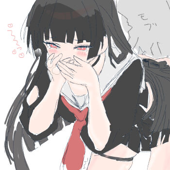 1boy 1girl arm_cutout bent_over black_hair black_serafuku black_shirt black_skirt blunt_bangs blush breath bright_pupils chisa_(wuthering_waves) clothed_sex clothing_cutout commentary_request covering_own_mouth furrowed_brow hand_to_own_mouth hands_up heart hetero highres hime_cut long_hair miniskirt mob_x_character nanaya_gb necktie pleated_skirt red_eyes red_necktie sailor_collar sailor_shirt school_uniform serafuku sex sex_from_behind shirt simple_background sketch skindentation skirt solo_focus straight_hair tears thigh_strap three-quarter_sleeves translation_request twitching w_arms white_background white_pupils white_sailor_collar wuthering_waves
