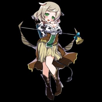 1girl animal_ears animal_print arms_behind_back bare_shoulders bell black_background blush boots bow_(weapon) breasts brown_boots brown_hair brown_skirt bursting_breasts cleavage cow_ears cow_girl cow_print cow_tail finette_(merc_storia) full_body green_eyes hand_on_own_cheek hand_on_own_face head_tilt highres holding holding_bow_(weapon) holding_weapon large_breasts merc_storia merc_storia_art_team off-shoulder_shirt off_shoulder official_art open_mouth pleated_skirt quiver shirt simple_background skirt smile solo standing tachi-e tail tareme underbust weapon