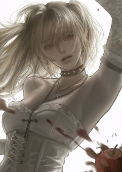 Rule 34 | 1girl, amane misa, apple, arm up, armpits, bare shoulders, blonde hair, blood, breasts, brown eyes, chione ami, choker, commentary, corset, cross, cross earrings, cross necklace, death note, earrings, food, fruit, hashtag-only commentary, highres, jewelry, long hair, necklace, parted lips, signature, solo, spiked choker, spikes, two side up, white corset