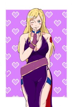 1girl b._jenet blonde_hair bodypaint breasts dress fatal_fury female_focus green_eyes heart huge_breasts large_breasts long_hair pale_skin skirt smile standing sush1zanmai the_king_of_fighters thick_thighs thighs