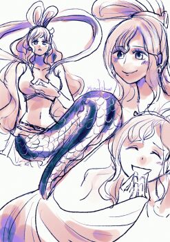 1girl ^_^ bikini bikini_top_only blush closed_eyes commentary earrings eyelashes hagoromo half_updo highres jewelry mermaid monster_girl multiple_views navel one_piece shawl shirahoshi sidelocks signature smile swimsuit symbol-only_commentary ysnfjkw