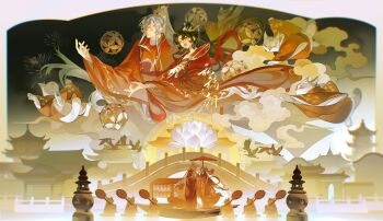 1boy 1girl absurdres architecture asymmetrical_bangs boat bridge brown_hair chinese_clothes closed_eyes closed_mouth cloud couple east_asian_architecture ershisi_shao_qing flower hair_ornament hand_fan hanfu happy high_ponytail highres holding holding_fan long_hair long_sleeves lotus multiple_views original outdoors parted_bangs ponytail red_hanfu red_shawl shawl watercraft white_flower white_hair wide_sleeves