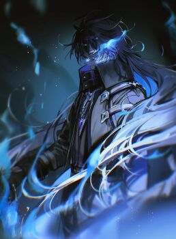 1boy 9boksen absurdres black_shirt blue_fire blue_gemstone coat collared_coat fire flins_(genshin_impact) floating_hair gem genshin_impact high_collar highres long_hair long_sleeves looking_to_the_side male_focus popped_collar shirt sideways_glance smile solo standing very_long_hair yellow_eyes