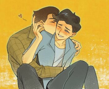 2boys animification anthony_stellar black_hair blue_eyes blue_shirt blush brown_hair closed_eyes couple elijah_douchnov hand_on_another's_shoulder hashtag-only_commentary heart highres hug hug_from_behind jacket kiss kissing_cheek male_focus multiple_boys my_student_spirit one_eye_closed pants plaid_clothes plaid_shirt shirt short_hair sitting smile yaoi yellow_background yellow_shirt yy20251111