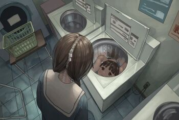 1girl brown_hair disembodied_head electrical_outlet facing_away from_above indoors laundry_basket looking_inside md5_mismatch original plug reflection school_uniform skinsuit smile table tensen_(dotted_line) top-load_washing_machine washing_machine zipper