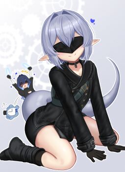 +++ 1boy 1girl 2b_(nier:automata) 2b_(nier:automata)_(cosplay) 9s_(nier:automata) 9s_(nier:automata)_(cosplay) arms_up basher bike_shorts black_choker black_gloves black_shorts blindfold boros_(ouro_kronii) breasts choker cleavage commentary cosplay covered_eyes facing_viewer flying_sweatdrops gloves glowstick grey_background grey_hair hair_between_eyes hair_intakes heart highres hololive hololive_english kronie_(ouro_kronii) large_breasts long_sleeves male_focus nier:automata nier_(series) o/ ouro_kronii outstretched_arms penlight_(glowstick) personification pointy_ears shorts simple_background sitting smile snake_boy snake_tail tail virtual_youtuber