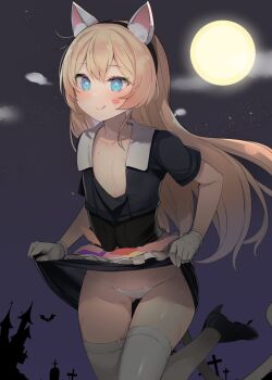 1girl animal_ears black_shirt blonde_hair blue_eyes castle cat_ears cat_tail clothes_lift commentary_request full_moon gloves gluteal_fold jervis_(halloween)_(kancolle) jervis_(kancolle) kantai_collection long_hair moon night open_clothes open_shirt panties shin_(new) shirt silhouette skirt skirt_lift solo tail thigh_gap thighhighs underwear white_gloves white_panties white_thighhighs