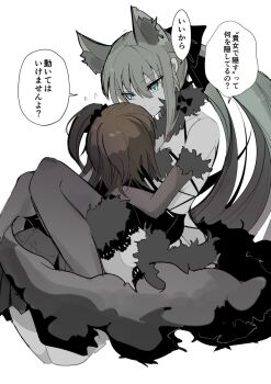 2girls animal_ears black_bow blue_eyes bow braid cat_ears cosplay detached_sleeves fate/grand_order fate_(series) fujimaru_ritsuka_(female) grey_hair hair_between_eyes hair_bow half_up_braid highres kauderni01356 long_hair mash_kyrielight mash_kyrielight_(dangerous_beast) mash_kyrielight_(dangerous_beast)_(cosplay) morgan_le_fay_(fate) multiple_girls ponytail short_hair simple_background very_long_hair white_background