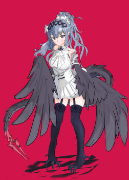 Rule 34 | 1girl, absurdres, bare shoulders, bird legs, black eyes, black feathers, black thighhighs, black wings, breasts, commentary request, dress, feathered wings, feathers, flower, garter straps, grey hair, hair flower, hair ornament, hairband, harpy, highres, long hair, looking at viewer, medium breasts, monster girl, original, pointy ears, red background, simple background, sleeveless, sleeveless dress, solo, tail, talons, thighhighs, user gesv5223, white dress, white flower, winged arms, wings, zettai ryouiki