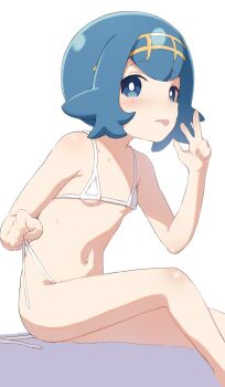 1girl absurdres ass bikini blue_eyes blue_hair collarbone flat_chest highres lana_(pokemon) loli looking_at_viewer micro_bikini navel nintendo pokemon pokemon_sun_and_moon qkracho_(thesdroz) sitting solo stomach swimsuit tongue tongue_out untied_bikini_bottom w white_bikini