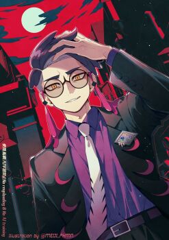1boy adjusting_hair belt belt_buckle black-framed_eyewear black_belt black_hair black_jacket black_pants buckle cloud corbeau_(pokemon) dark_cloud eyewear_strap glasses hand_on_own_head highres jacket long_sleeves looking_at_viewer meiji_ken moon necktie nintendo orange_eyes pants parted_hair pokemon pokemon_legends:_z-a purple_shirt red_sky round_eyewear shirt short_sideburns sky solo undercut white_necktie
