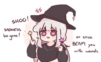 1girl artist_self-insert black_capelet black_hair black_hat blush_stickers brown_background capelet chibi chonkyorca commentary dual_wielding english_commentary english_text grey_hair hat highres holding holding_wand long_sleeves looking_at_viewer low_twintails multicolored_hair orca_(chonkyorca) original parted_lips pout puffy_long_sleeves puffy_sleeves shirt solo star_(symbol) streaked_hair twintails two-tone_background upper_body v-shaped_eyebrows wand white_background white_shirt