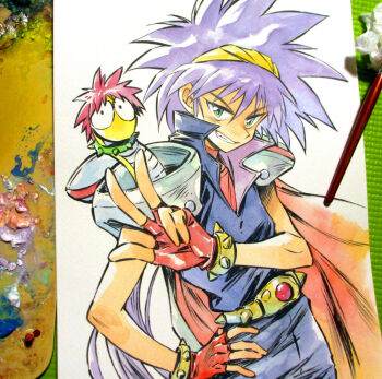 1boy agahari armor art_brush art_tools_in_frame belt blue_hair blue_pants blue_shirt bracelet cape commentary_request cowboy_shot da_cider fingerless_gloves gloves gold_belt gold_bracelet grin hairband hand_on_own_hip hand_up heavy_meta-ko jewelry long_hair male_focus ng_knight_lamune_&amp;_40 paintbrush painting_(medium) pants photo_(medium) pink_hair red_cape red_gloves shirt short_hair shoulder_armor sleeveless sleeveless_shirt smile snake spiked_belt spiked_bracelet spiked_hair spikes standing traditional_media very_long_hair w yellow_hairband