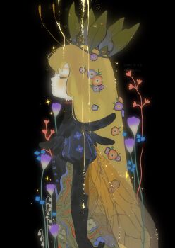 1girl absurdres antennae black_background black_gloves black_shirt blonde_hair blue_flower closed_eyes closed_mouth crown fairy fairy_wings flower folded_wings gloves glowing glowing_wings grey_skirt highres insect_wings long_hair long_sleeves looking_to_the_side orange_flower orange_wings original purple_flower shieriru shirt simple_background skirt solo standing transparent_wings upper_body wings