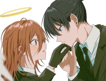 2boys adam&#039;s_apple angel_devil_(chainsaw_man) black_gloves black_hair black_jacket black_necktie blue_eyes blush chainsaw_man closed_mouth collared_shirt commentary_request earrings eye_contact from_side gloves hair_between_eyes halo height_difference highres jacket jewelry kiss kissing_hand long_hair long_sleeves looking_at_another male_focus mma_runn multiple_boys necktie red_eyes shirt short_hair simple_background suit_jacket traditional_halo upper_body white_background white_shirt yaoi