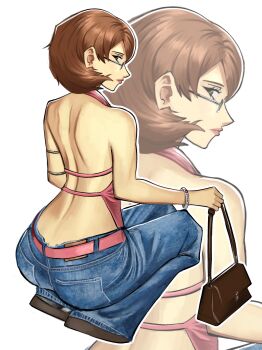 1girl absurdres alternate_costume armlet ass back backless_outfit backless_shirt bag baggy_pants bare_back bare_shoulders belt blue_pants bracelet brown_bag brown_eyes brown_hair chaosoded closed_mouth commentary denim english_commentary flipped_hair from_behind full_body glasses halterneck handbag highres holding holding_bag jeans jewelry lips looking_at_viewer looking_back pants persona persona_3 pink_belt pink_lips pink_shirt profile shirt shoes short_hair sleeveless sleeveless_shirt solo squatting takeba_yukari zoom_layer