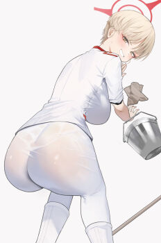 1girl ass ass_focus blonde_hair blue_archive breasts bucket commentary_request grin halo highres jiuzaiqianjitian large_breasts looking_at_viewer marina_(blue_archive) pants red_halo see-through_clothes see-through_pants shirt short_hair simple_background smile solo wet_pants white_background white_pants white_shirt yellow_eyes