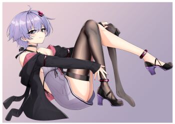 1girl animal_ears animal_hood bare_shoulders black_jacket black_shoes blush breasts brown_background brown_thighhighs closed_mouth commentary_request dress fake_animal_ears full_body gradient_background grey_eyes hair_between_eyes high_heels highres holding_unworn_thighhighs hood hood_down hooded_jacket jacket knees_together_feet_apart light_smile long_sleeves nail_polish off_shoulder pink_nails purple_background purple_dress purple_hair rabbit_ears rabbit_hood shoes short_hair sideboob single_thighhigh sleeves_past_wrists small_breasts solo thighhighs unworn_thighhighs vocaloid voiceroid yuzuki_yukari zooanime