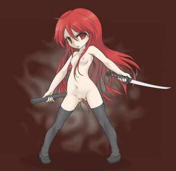 1girl breasts censored female_focus holding holding_sword holding_weapon katana long_hair mosaic_censoring mudadamuda navel nipples nude open_mouth pussy red_eyes red_hair scabbard shakugan_no_shana shana sheath small_breasts solo standing sword thighhighs weapon