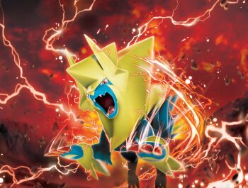 animal_focus claws electricity full_body gen_3_pokemon jumping looking_at_viewer manectric mega_manectric mega_pokemon nintendo no_humans non-web_source official_art open_mouth outdoors pokemon pokemon_(creature) pokemon_tcg red_eyes sky solo spikes standing