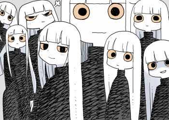 1girl abe_tomomi angry black_dress black_eyes blunt_bangs closed_mouth colored_sclera colored_skin dress expressionless grey_background grin half-closed_eyes long_hair long_sleeves multiple_expressions no_nose rusted_moss simple_background smile solo the_seer_(rusted_moss) white_hair white_skin yellow_sclera