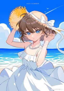 Rule 34 | 1girl, absurdres, beach, bead necklace, beads, bisho imobing hito, blue eyes, commentary request, day, dress, haibara ai, hair between eyes, hat, highres, jewelry, looking at viewer, meitantei conan, necklace, ocean, ribbon, shore, solo, sun hat, upper body, white dress, white ribbon