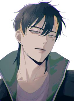 Rule 34 | 1boy, black hair, black jacket, blonde hair, boruto: two blue vortex, chromatic aberration, commentary request, earrings, eyebrow piercing, face piercing, facial tattoo, grey eyes, highres, ifevilwhyuhot, jacket, jewelry, kawaki (boruto), male focus, naruto (series), piercing, portrait, purple shirt, shirt, solo, stud earrings, tattoo