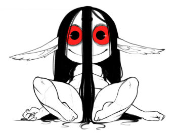 1girl black_hair colored_sclera completely_nude convenient_censoring demon_girl hair_between_eyes hair_over_breasts hellmouth_imp_(morbi) long_hair long_hair_between_eyes morbi nude original pale_skin red_eyes red_sclera shortstack simple_background smile spot_color spread_legs veins very_long_ears white_background