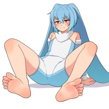 1boy :< animal_ears blue_eyes blue_hair blue_leotard blush bodysuit closed_mouth fur-trimmed_leotard fur-trimmed_sleeves fur-trimmed_wrist_cuffs fur_trim kenma-kun koushinism leotard male_focus prprkrsw rabbit_boy rabbit_ears red_eyes sleeveless sleeveless_bodysuit snout soles spread_legs trap white_background