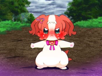 1girl @est@ blocking brown_fur collar commentary_request green_eyes hair_ornament hairclip highres inukai_iroha inukai_iroha_(dog)_(@est@) pawpads precure shih_tzu tears wonderful_precure!